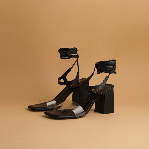 Zara black leather caged lace up heels sandals size... - Depop